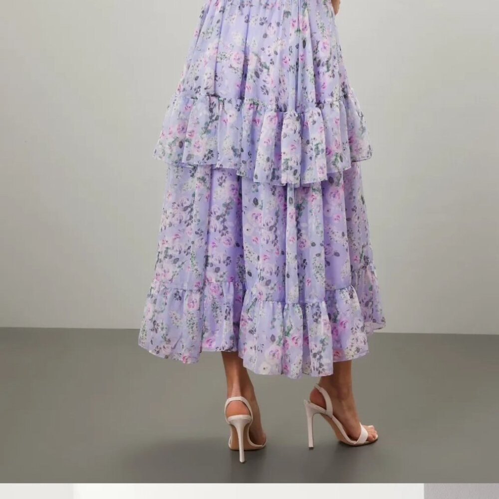 Ieena for Mac Duggal Ruffle Tiered Cut-Out Floral Chiffon Dress Size 4 MSRP $498 - Picture 3 of 12